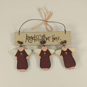 Vintage "Angel Gathers Here" Wooden Wire Hanger Christmas Ornament Decoration